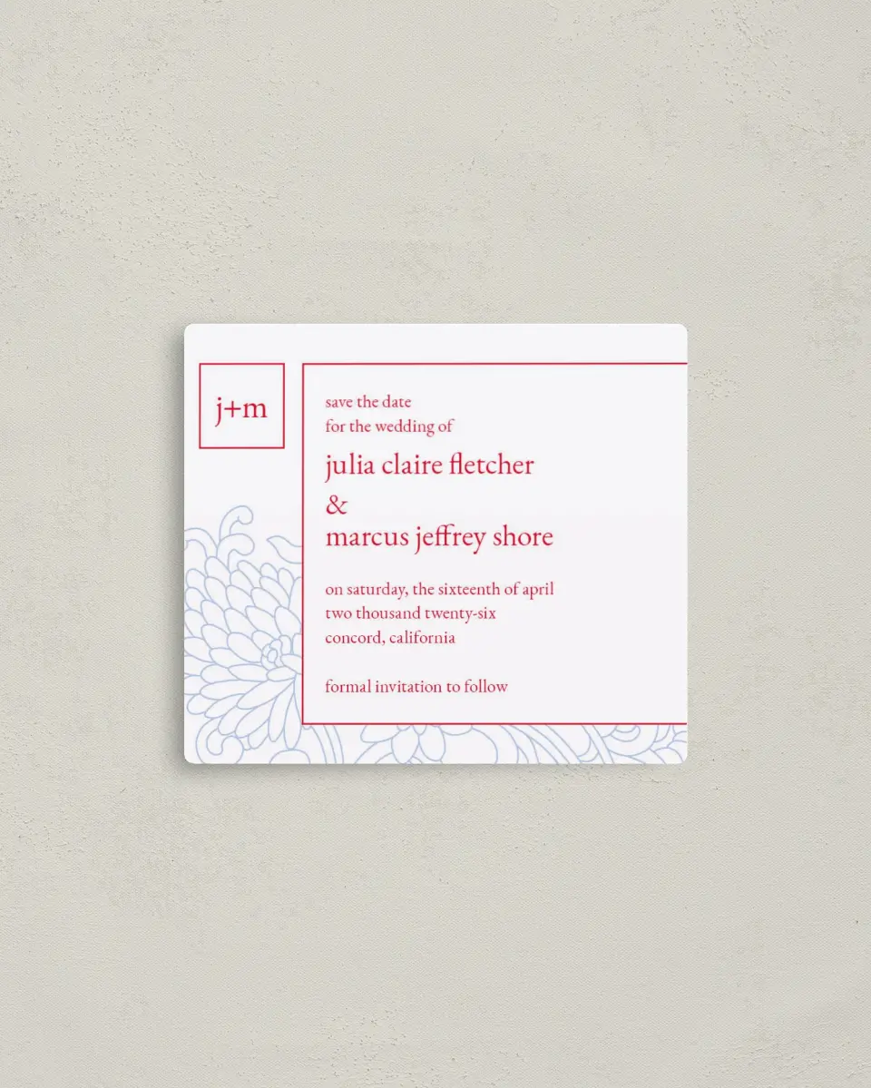 This is a 3½" x 4" Save the Date Magnet called Pristine Beauty printed in full color with a Luxe Satin finish