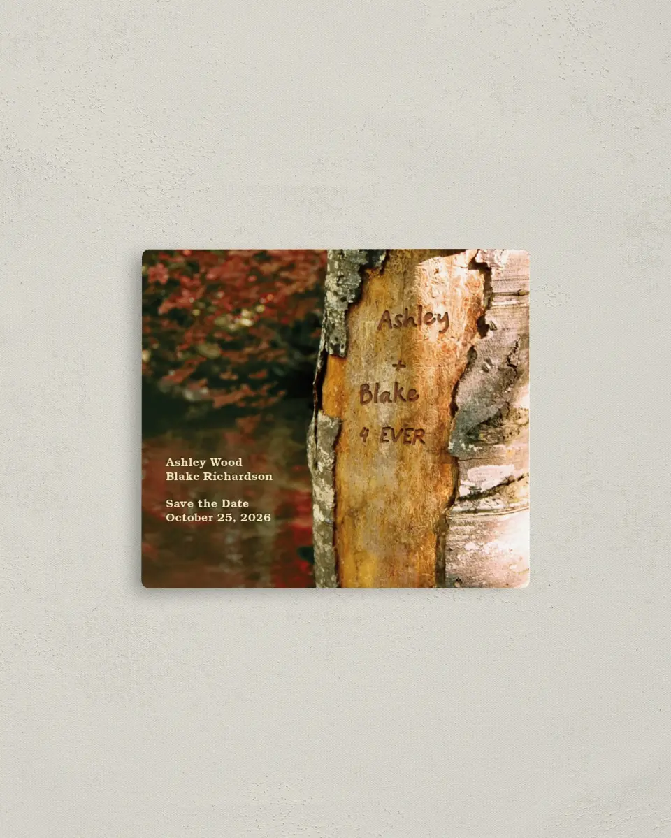 This is a 3½" x 4" Save the Date Magnet called Carved in Love - Autumn printed in full color with a Luxe Satin finish