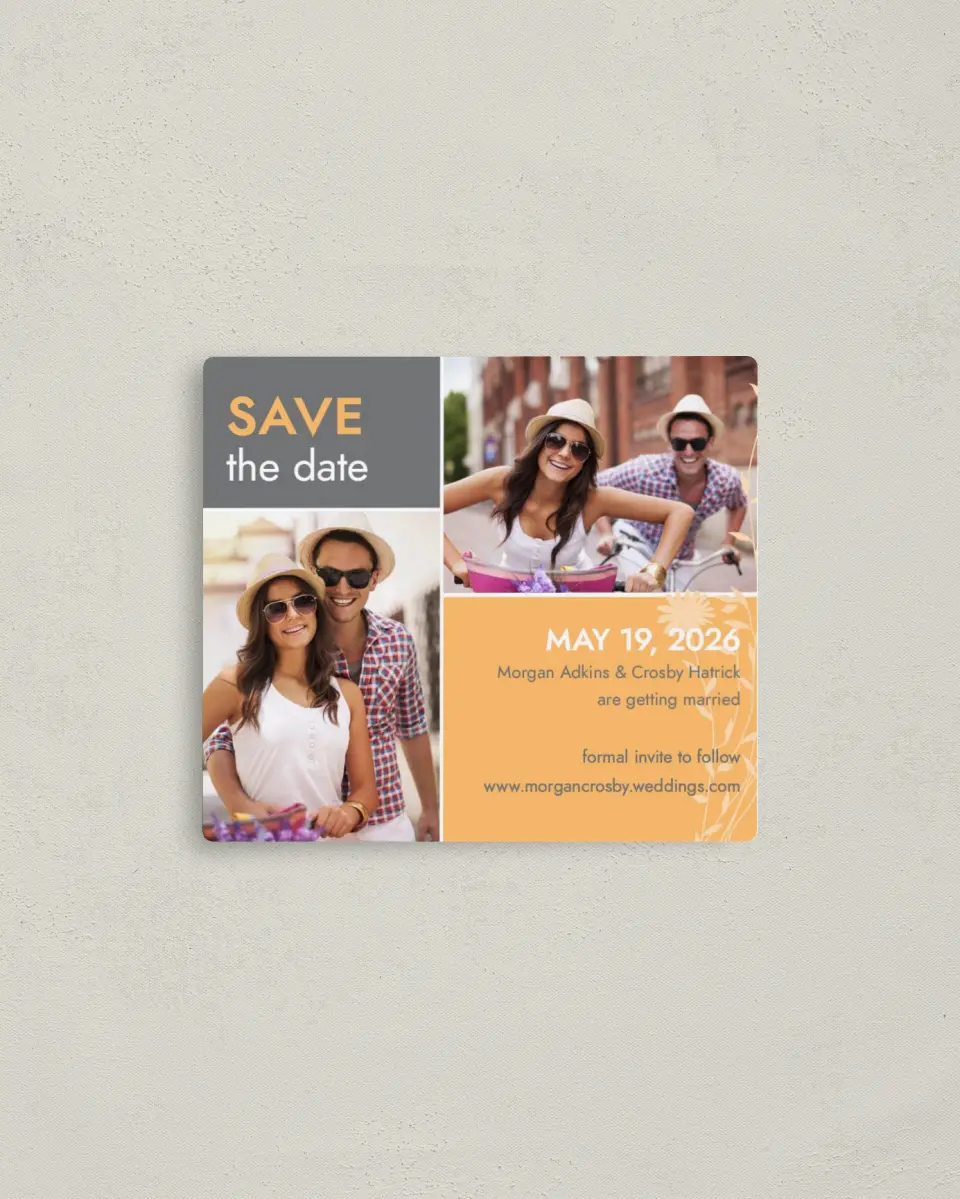 This is a 3½" x 4" Save the Date Magnet called Field of Love printed in full color with a Luxe Satin finish