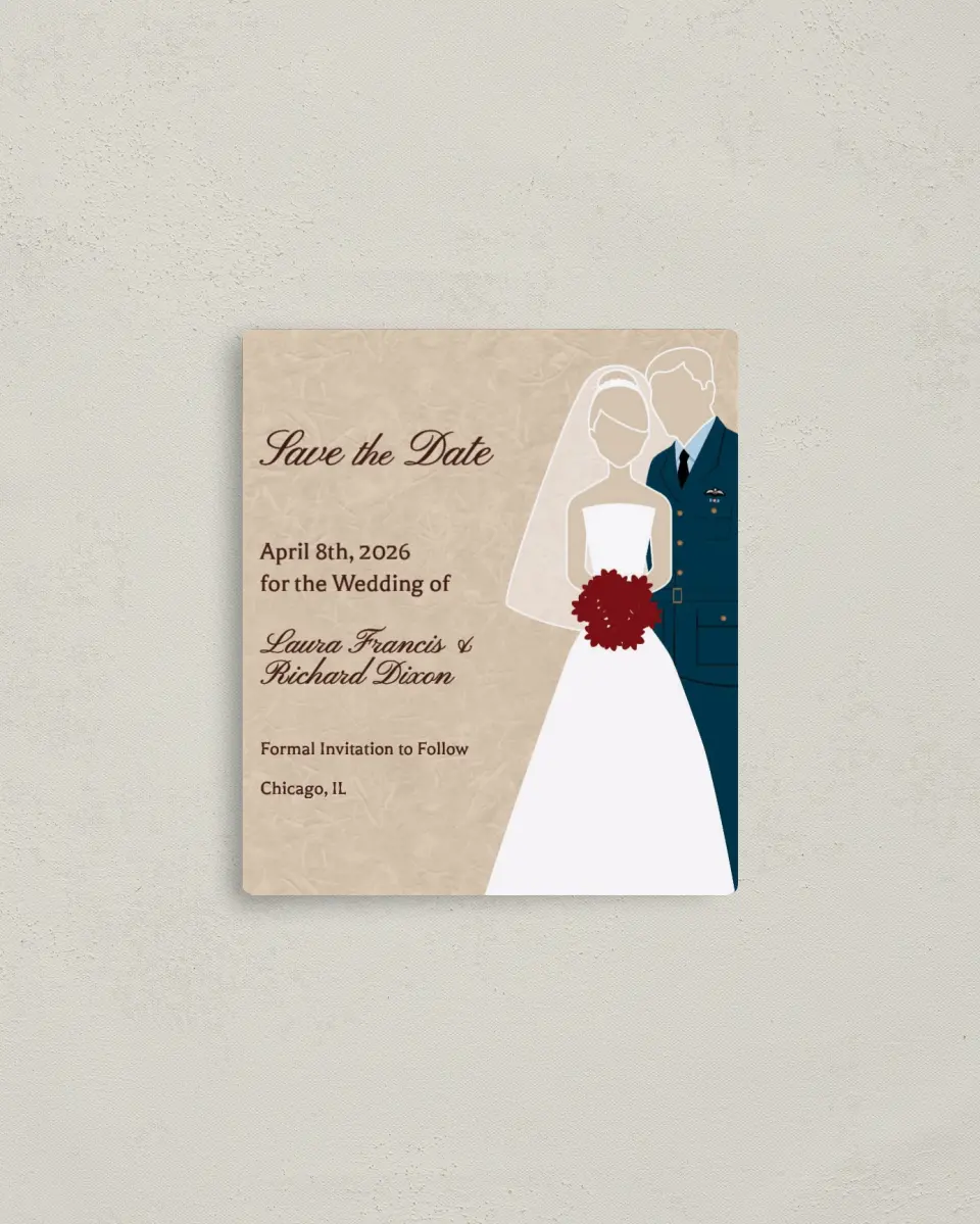 This is a 3½" x 4" Save the Date Magnet called Royal Air Force printed in full color with a Luxe Satin finish