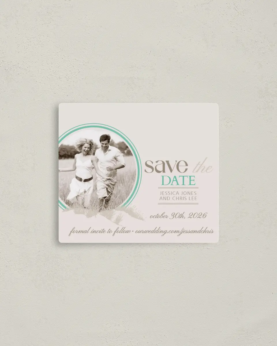 This is a 3½" x 4" Save the Date Magnet called Field of Dreams printed in full color with a Luxe Satin finish