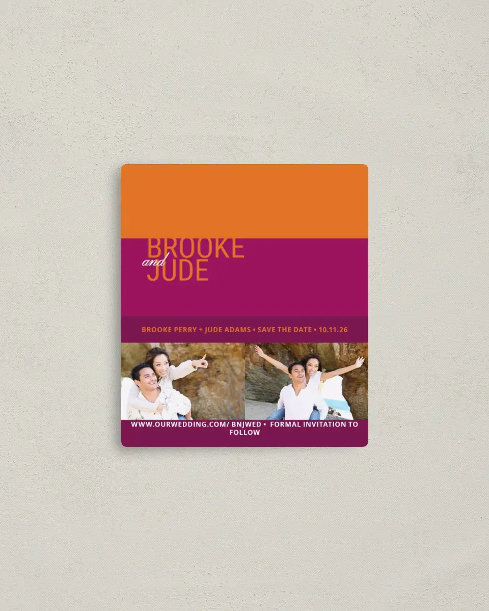 This is a 3½" x 4" Save the Date Magnet called Bold Love printed in full color with a Luxe Satin finish