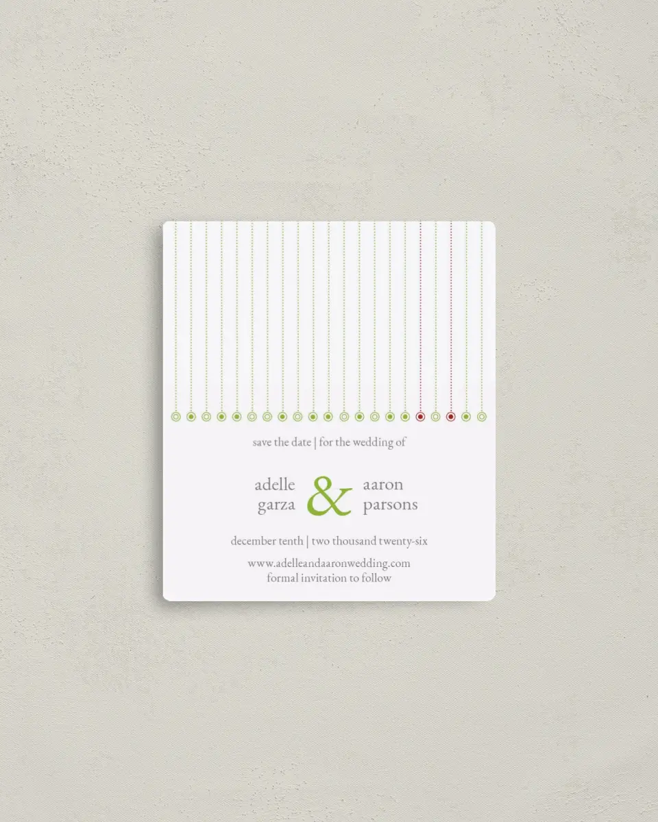 This is a 3½" x 4" Save the Date Magnet called Ornament Stripe printed in full color with a Luxe Satin finish
