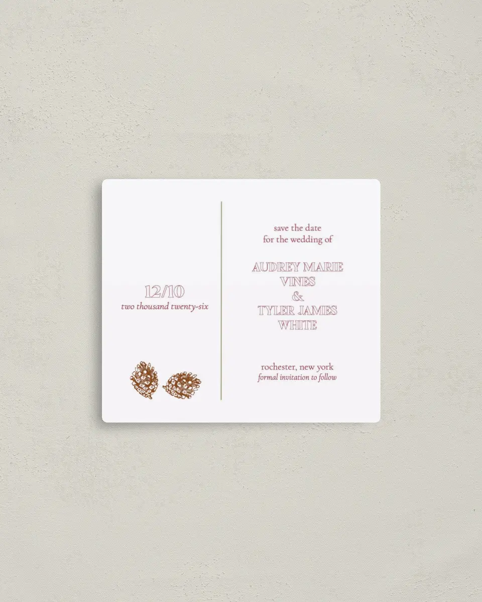 This is a 3½" x 4" Save the Date Magnet called Evergreen Christmas printed in full color with a Luxe Satin finish