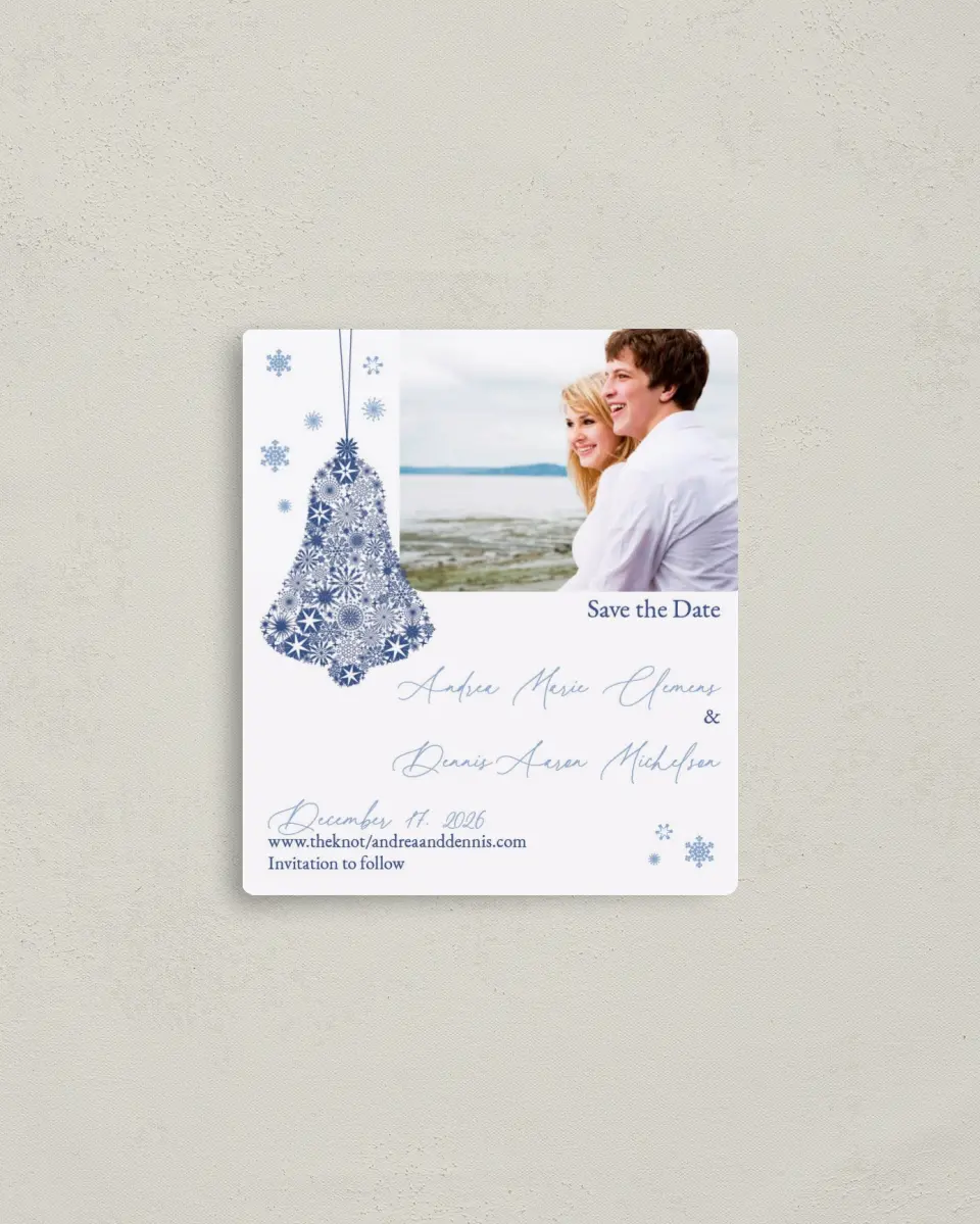 This is a 3½" x 4" Save the Date Magnet called Christmas Bell printed in full color with a Luxe Satin finish