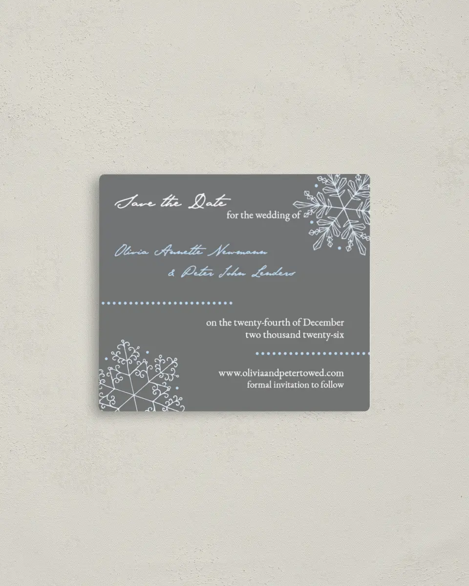 This is a 3½" x 4" Save the Date Magnet called Seasonal Snowflake printed in full color with a Luxe Satin finish