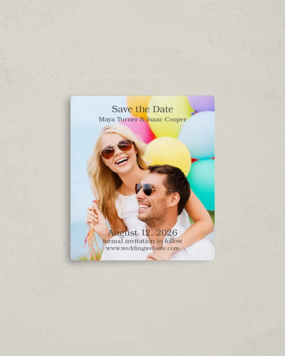 This is a 3½" x 4" Save the Date Magnet called Full Photo printed in full color with a Luxe Satin finish
