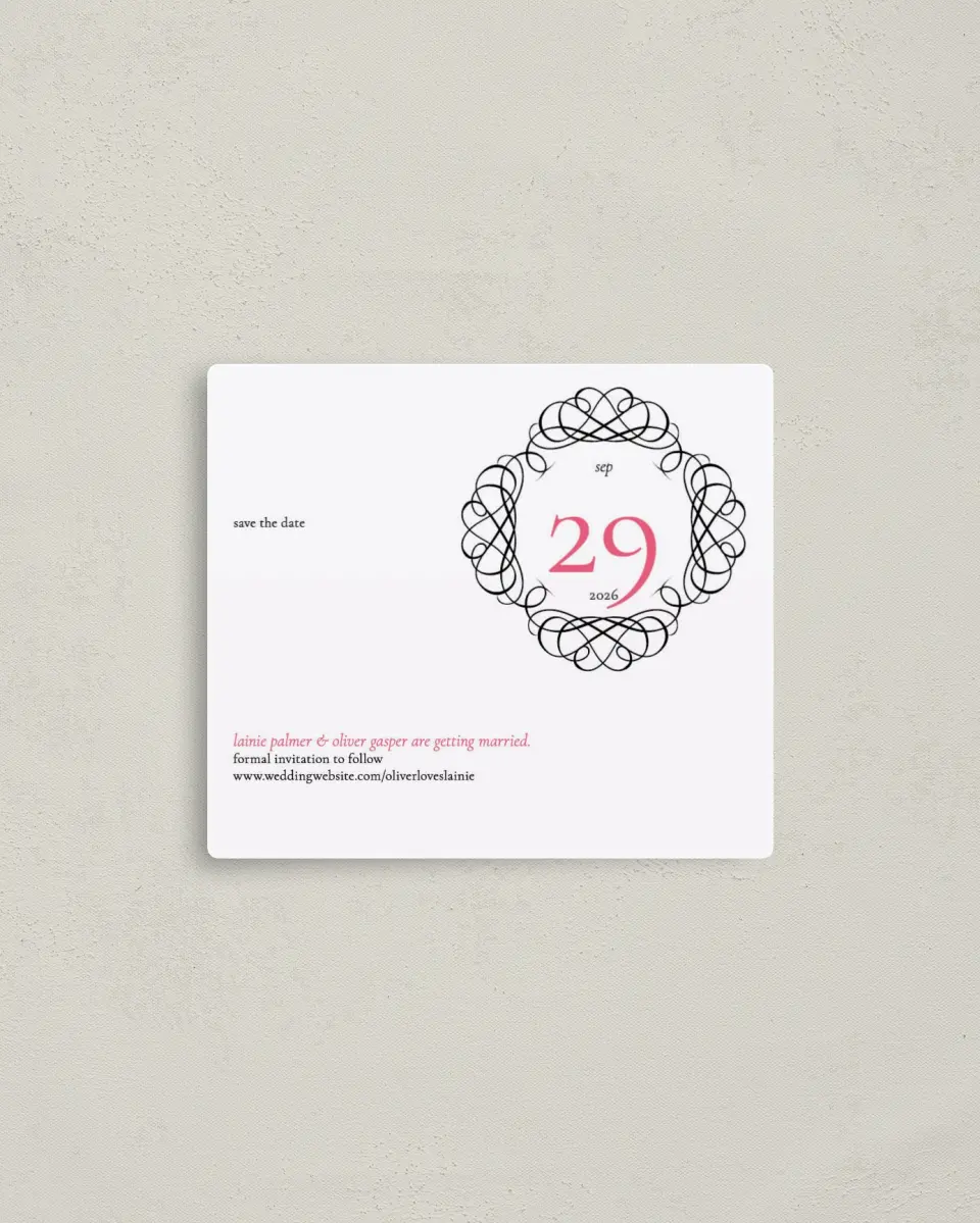 This is a 3½" x 4" Save the Date Magnet called Baroque Beauty printed in full color with a Luxe Satin finish