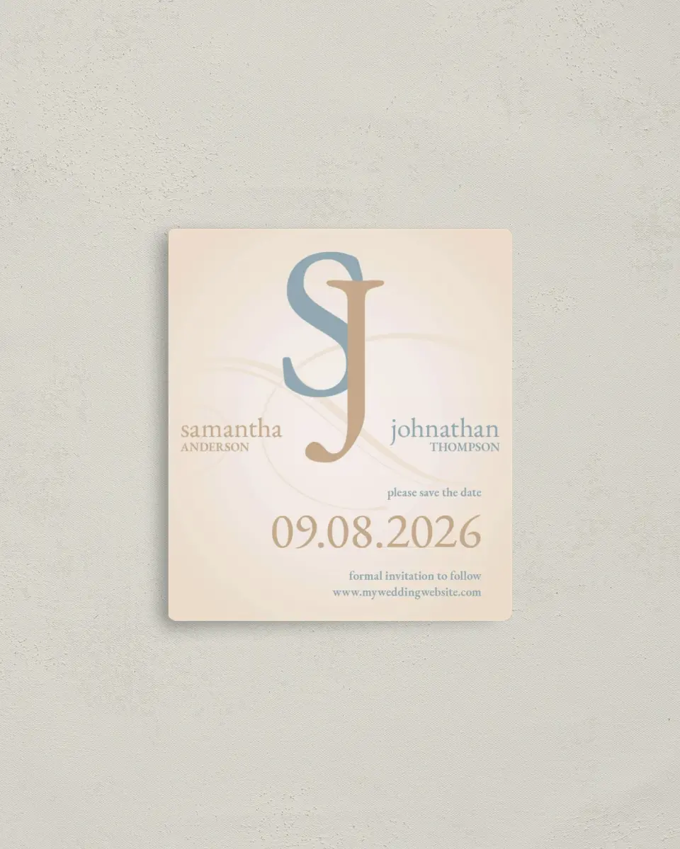 This is a 3½" x 4" Save the Date Magnet called Artful Monogram printed in full color with a Luxe Satin finish