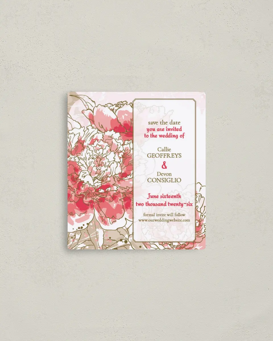 This is a 3½" x 4" Save the Date Magnet called Watercolor Bloom printed in full color with a Luxe Satin finish