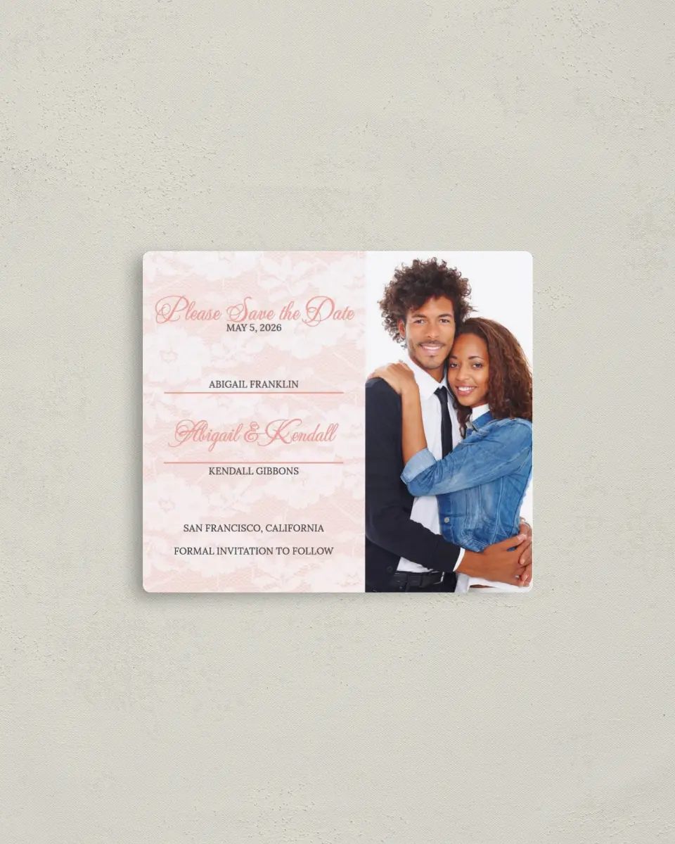 This is a 3½" x 4" Save the Date Magnet called Vintage Applique printed in full color with a Luxe Satin finish