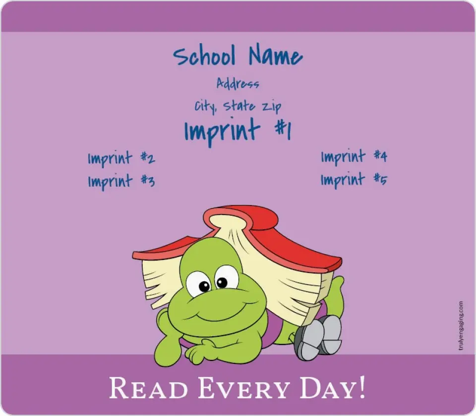 This is a 3½" x 4" School Contact Magnet called Bookworm, Read Every Day! printed in full color