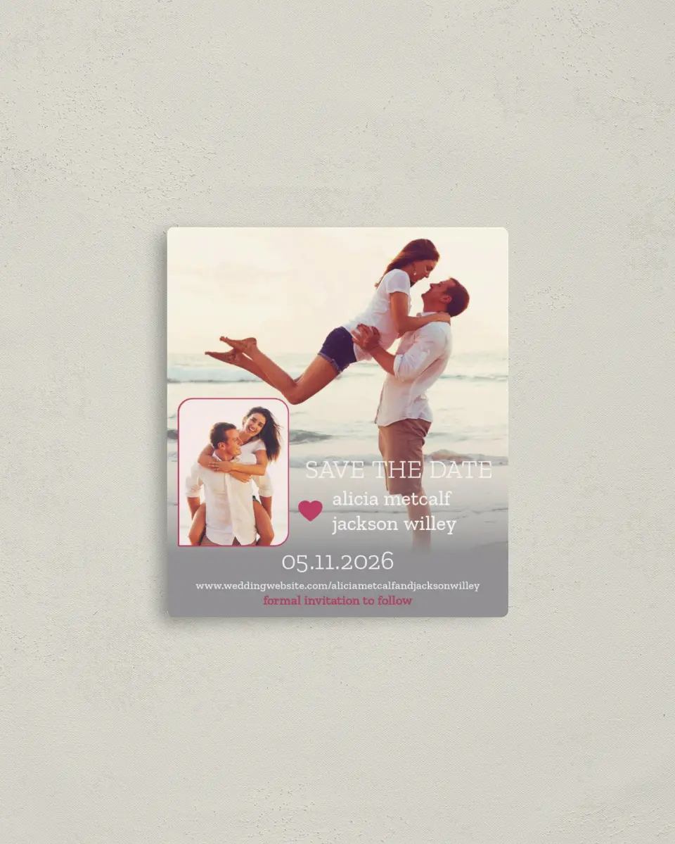 This is a 3½" x 4" Save the Date Magnet called Snapshot Sweetness printed in full color with a Luxe Satin finish