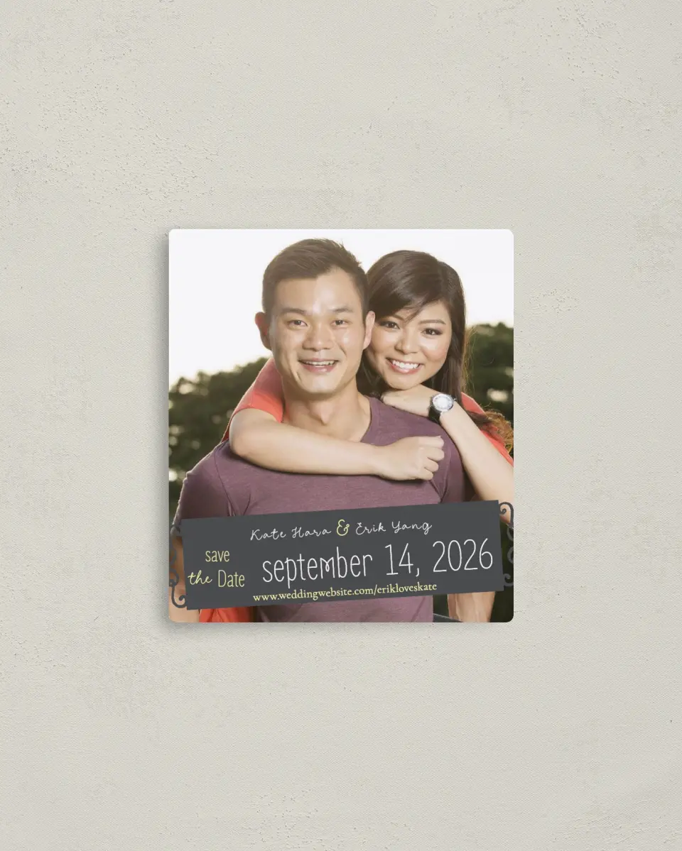This is a 3½" x 4" Save the Date Magnet called Chalk it up to Love printed in full color with a Luxe Satin finish