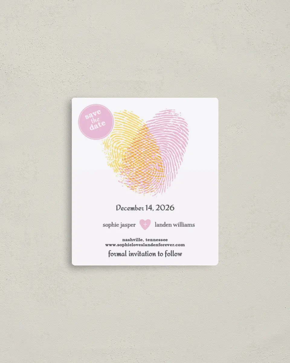 This is a 3½" x 4" Save the Date Magnet called True Love's Thumbprint printed in full color with a Luxe Satin finish