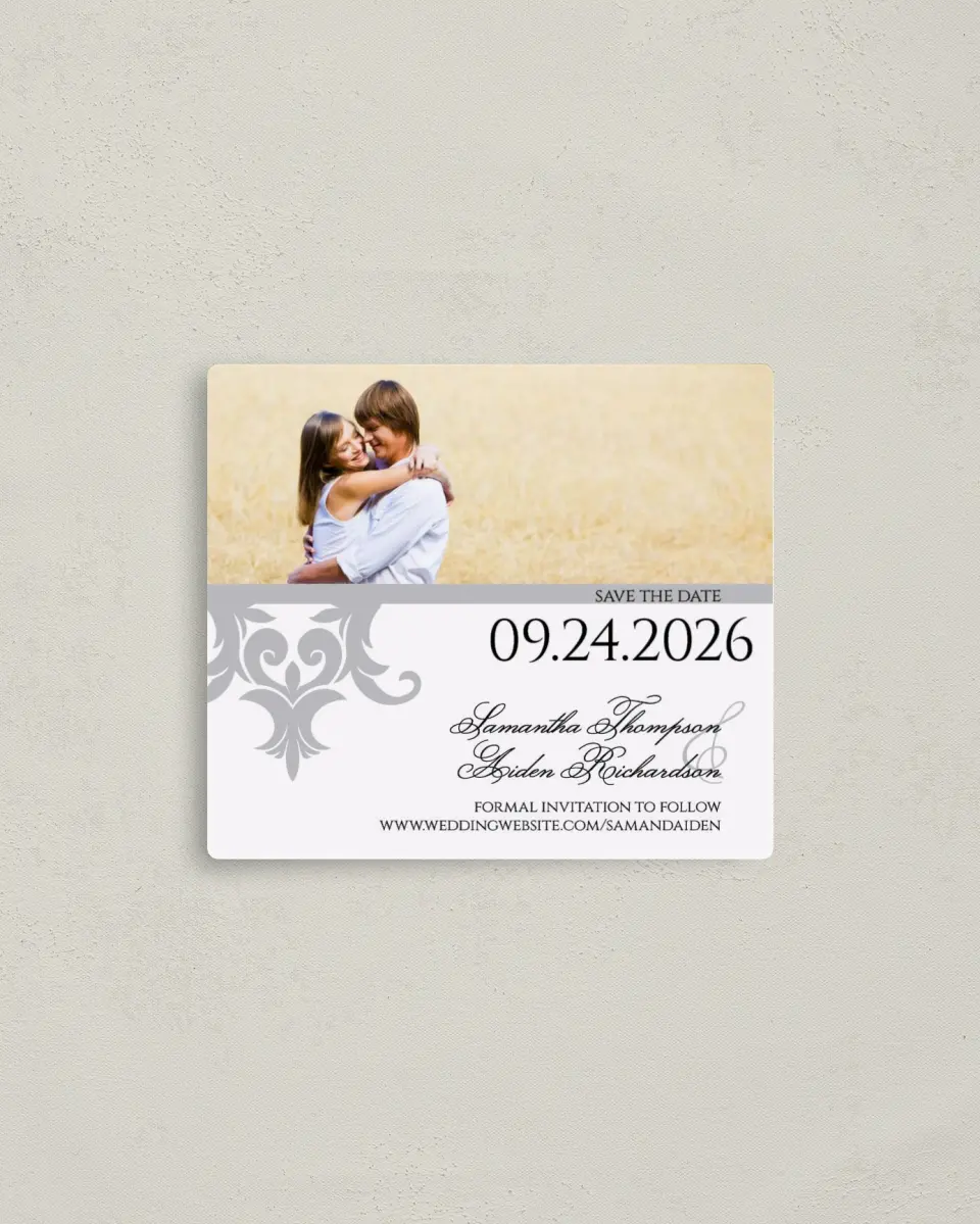 This is a 3½" x 4" Save the Date Magnet called Damask Elegance printed in full color with a Luxe Satin finish