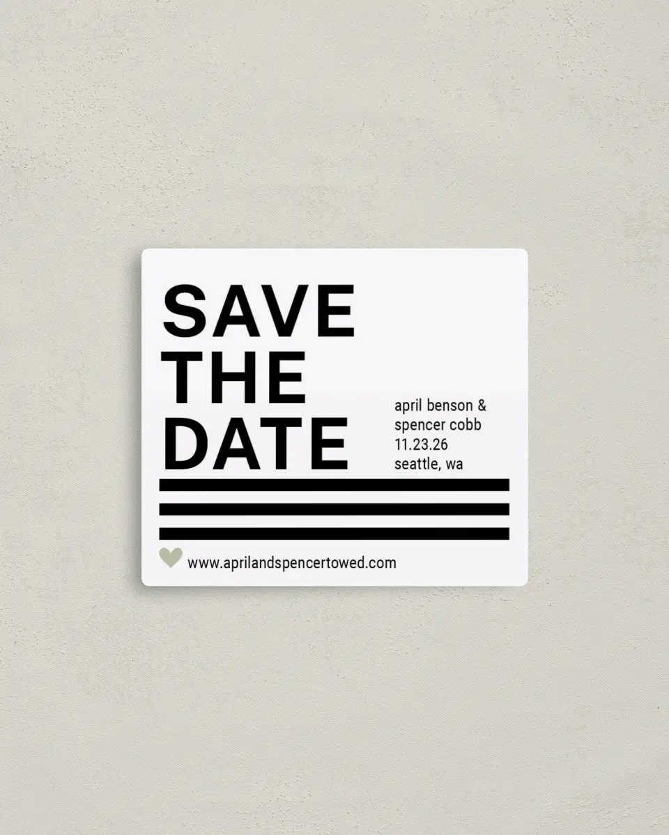 This is a 3½" x 4" Save the Date Magnet called Modern Typography printed in full color with a Luxe Satin finish