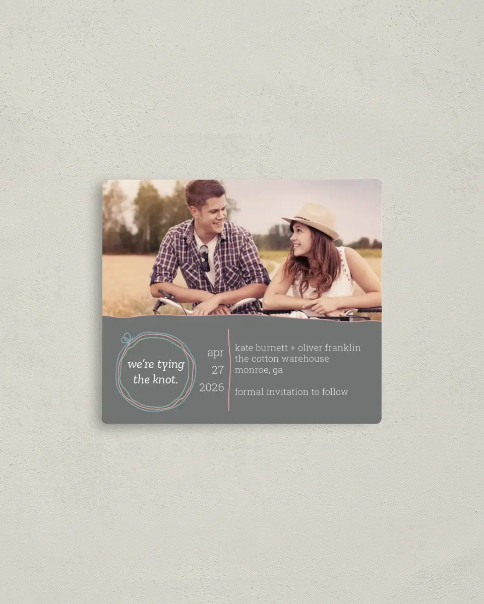 This is a 3½" x 4" Save the Date Magnet called Simple Knot printed in full color with a Luxe Satin finish