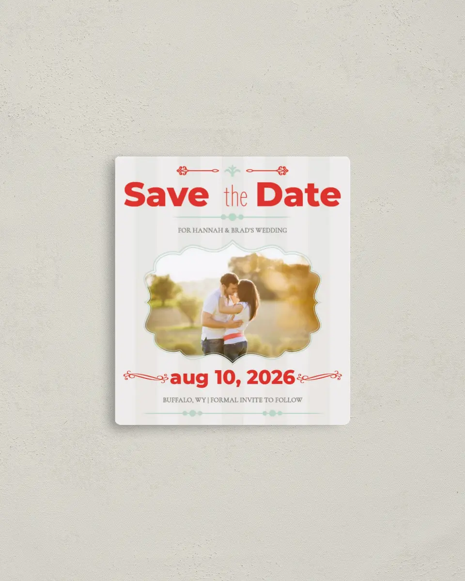 This is a 3½" x 4" Save the Date Magnet called Carnival Crush printed in full color with a Luxe Satin finish
