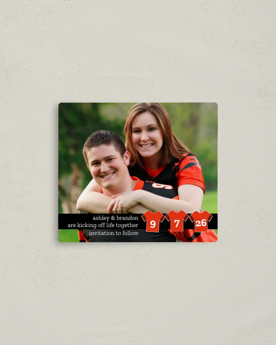 This is a 3½" x 4" Save the Date Magnet called Jerseys printed in full color with a Luxe Satin finish