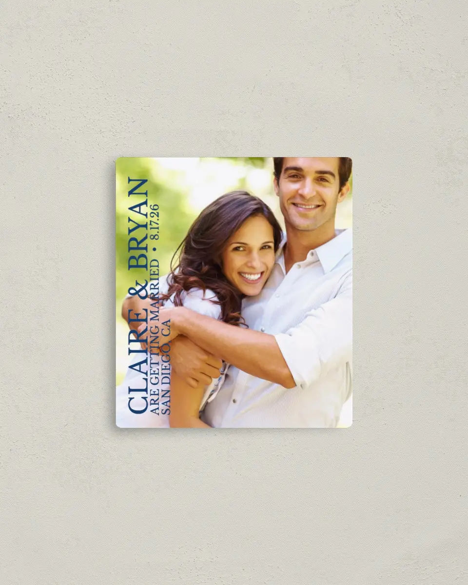 This is a 3½" x 4" Save the Date Magnet called Timeless Photo printed in full color with a Luxe Satin finish