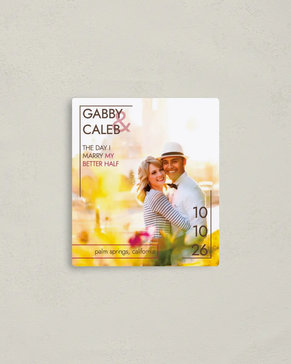 This is a 3½" x 4" Save the Date Magnet called Chic Lines printed in full color with a Luxe Satin finish