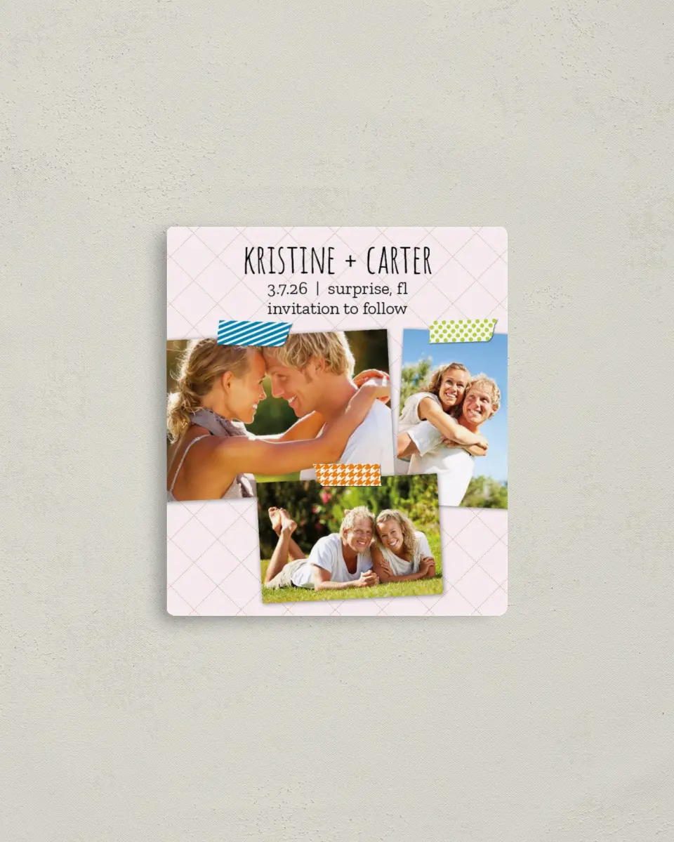 This is a 3½" x 4" Save the Date Magnet called Washi Photo Collection printed in full color with a Luxe Satin finish