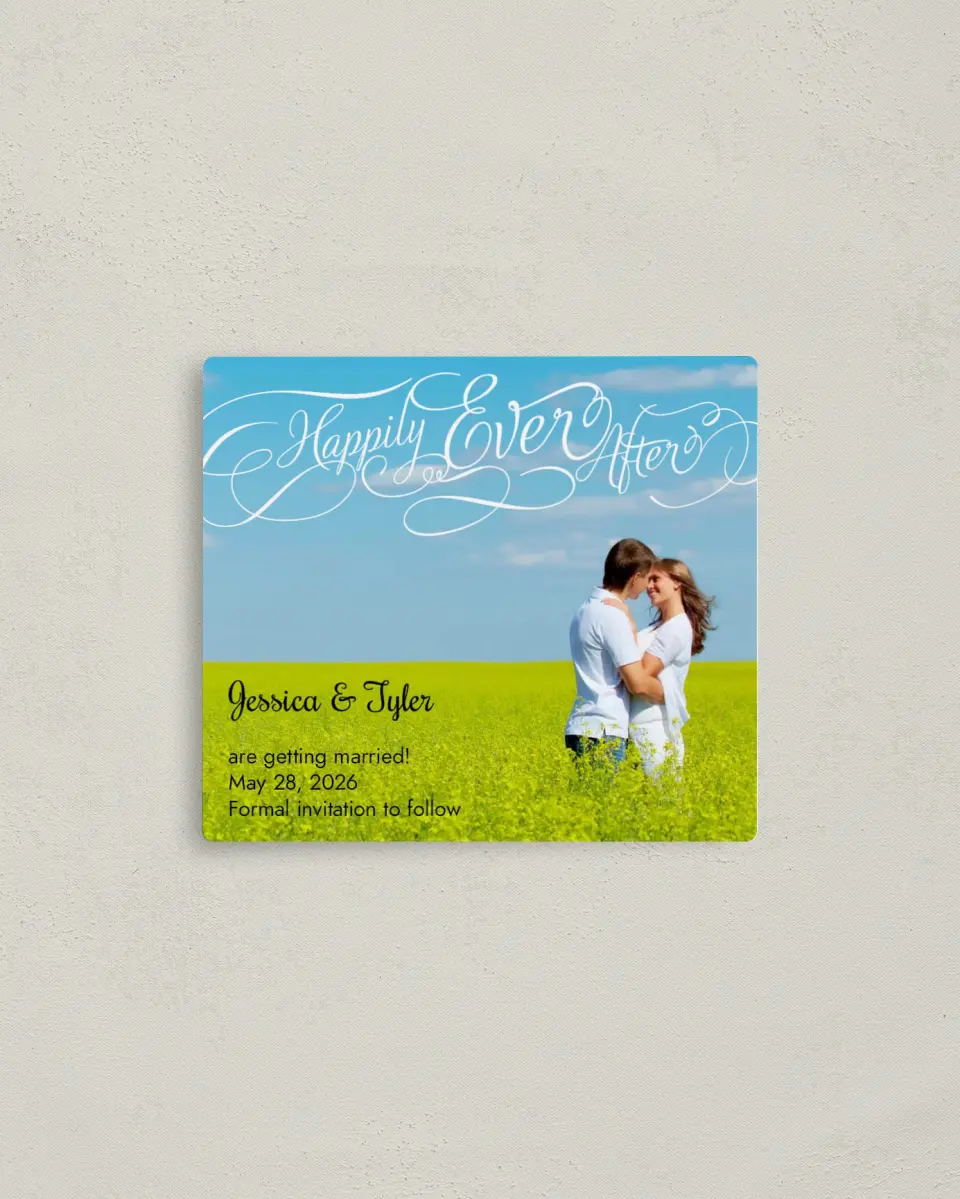 This is a 3½" x 4" Save the Date Magnet called Happily Ever After printed in full color with a Luxe Satin finish