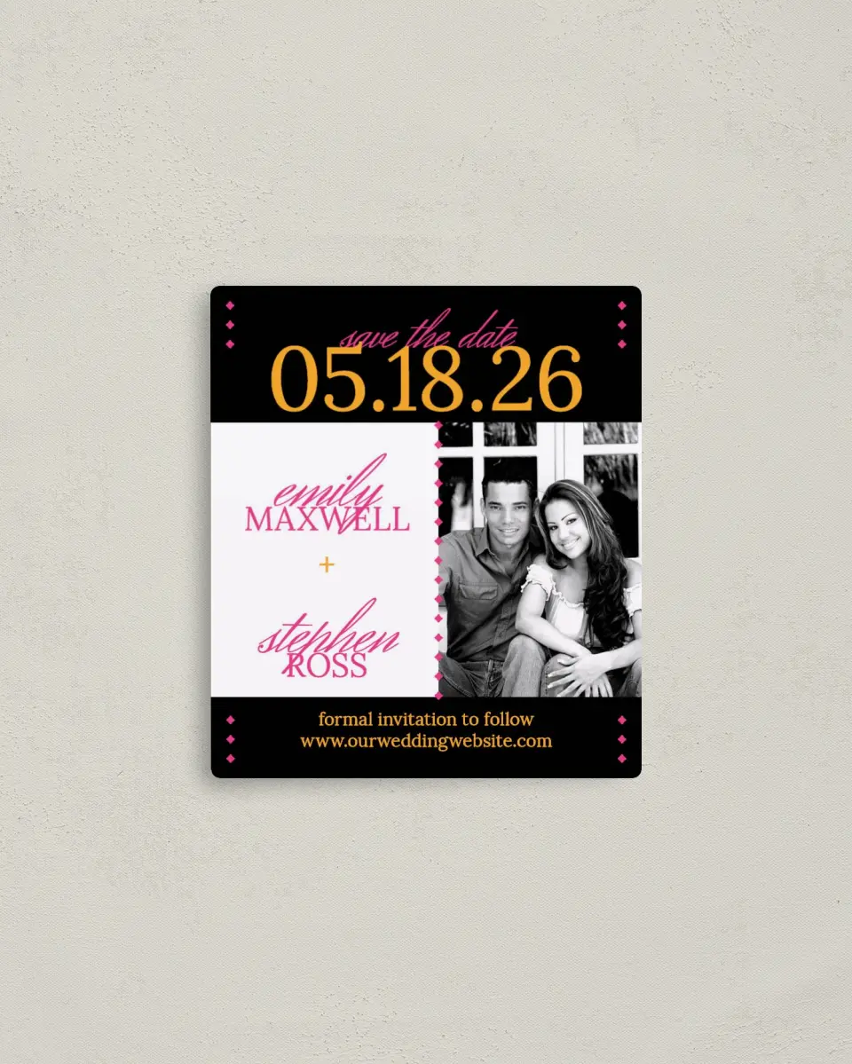 This is a 3½" x 4" Save the Date Magnet called Diamond Date printed in full color with a Luxe Satin finish