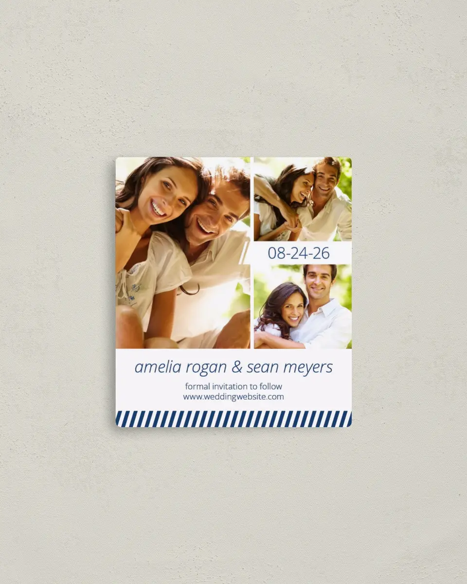 This is a 3½" x 4" Save the Date Magnet called Hidden Stripe printed in full color with a Luxe Satin finish