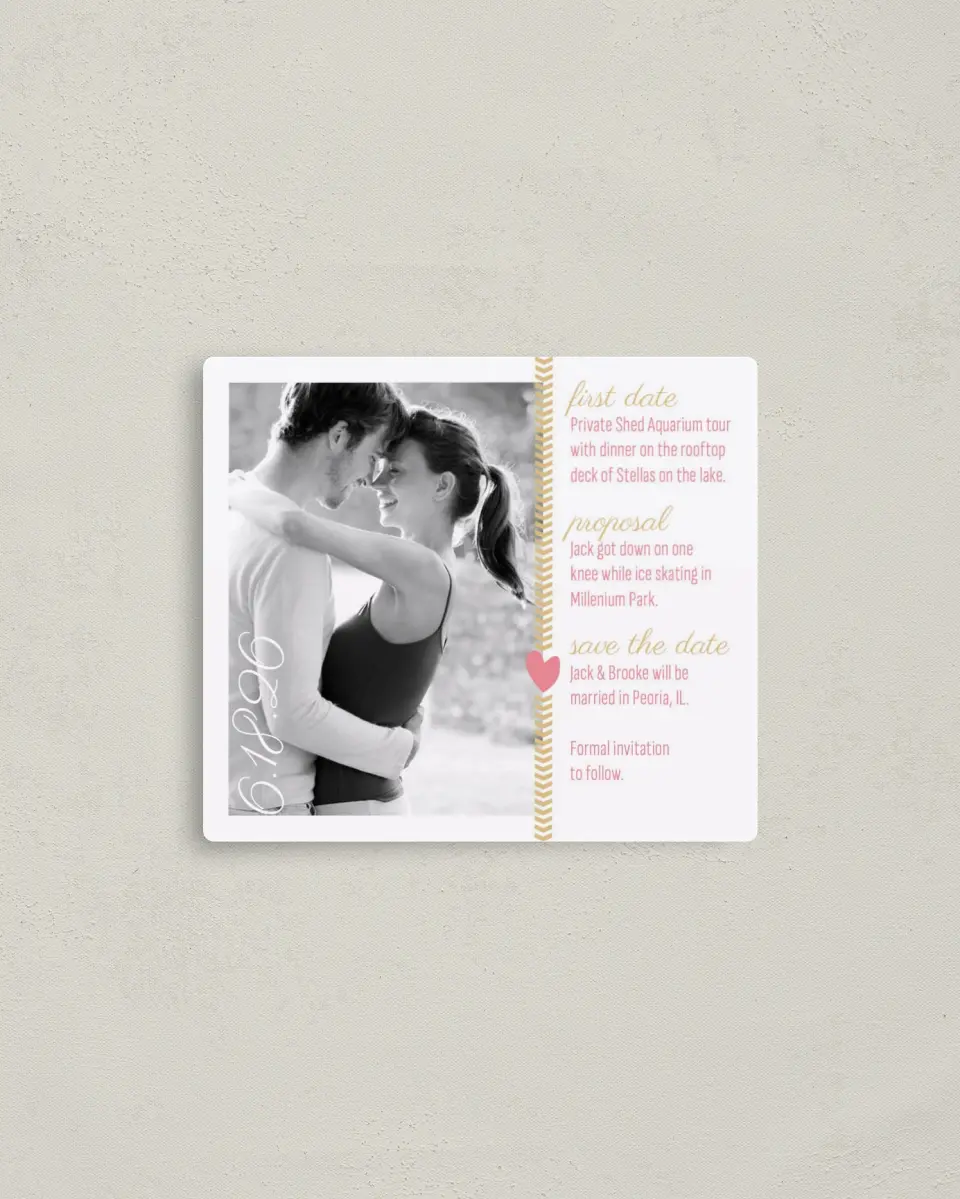 This is a 3½" x 4" Save the Date Magnet called Story of Us printed in full color with a Luxe Satin finish