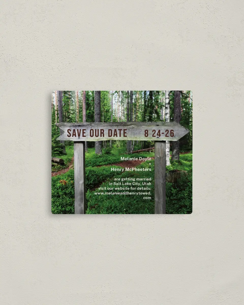 This is a 3½" x 4" Save the Date Magnet called Wooden Sign printed in full color with a Luxe Satin finish