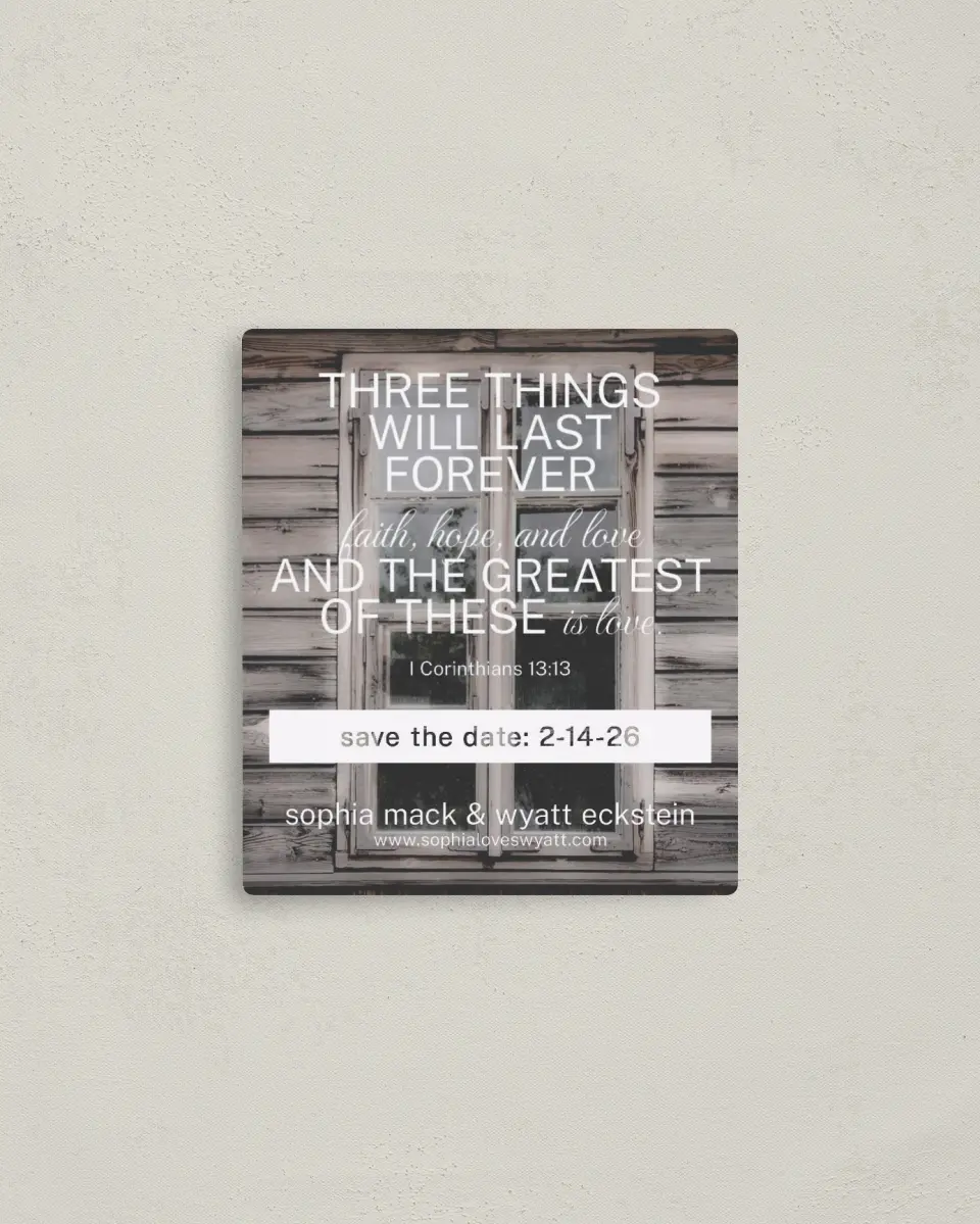 This is a 3½" x 4" Save the Date Magnet called Rustic Retreat printed in full color with a Luxe Satin finish