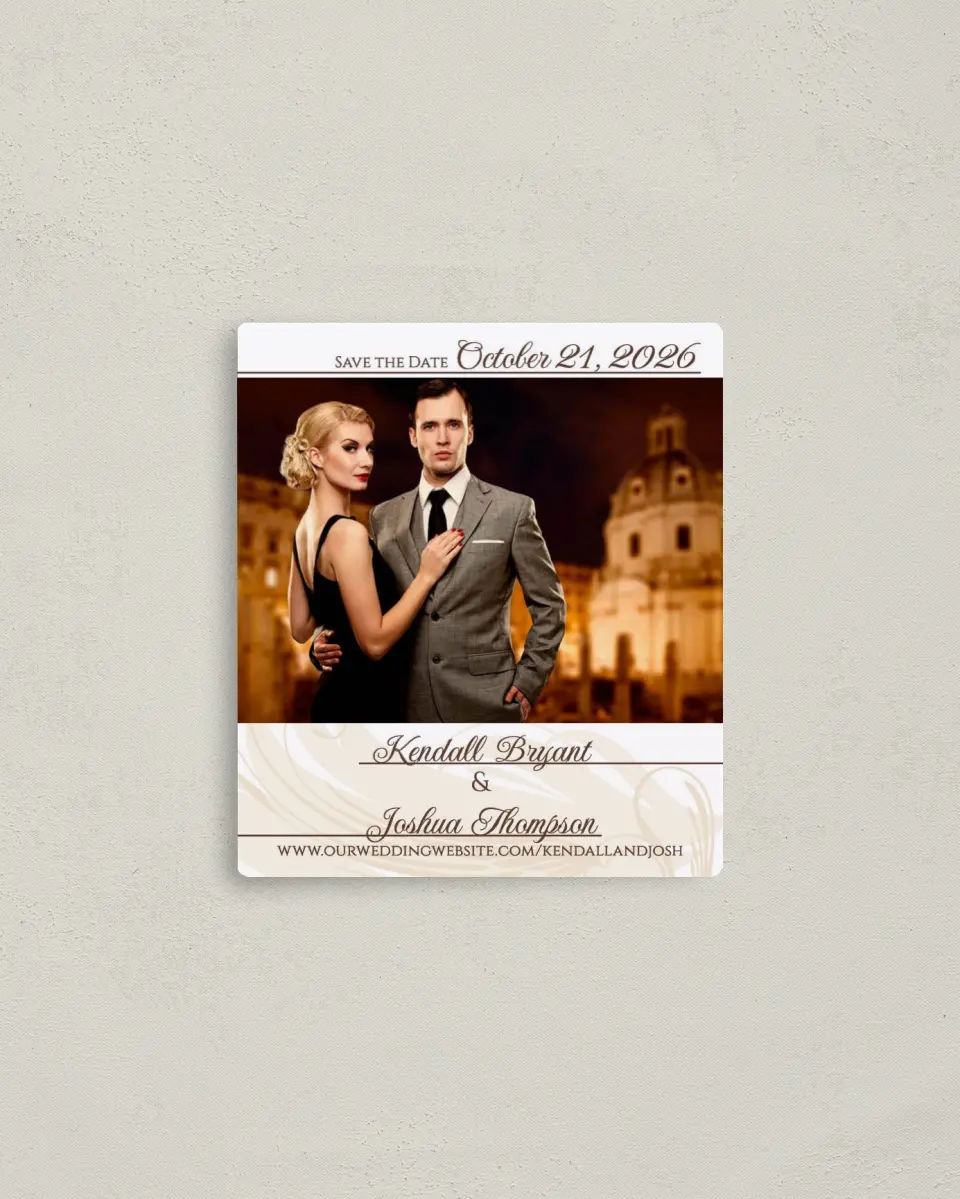 This is a 3½" x 4" Save the Date Magnet called Whispering Feather printed in full color with a Luxe Satin finish