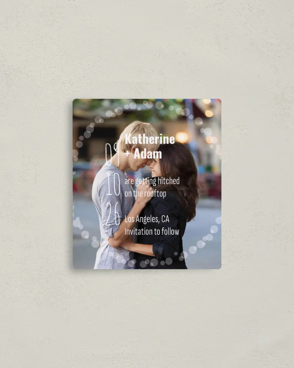 This is a 3½" x 4" Save the Date Magnet called Rooftop Party printed in full color with a Luxe Satin finish