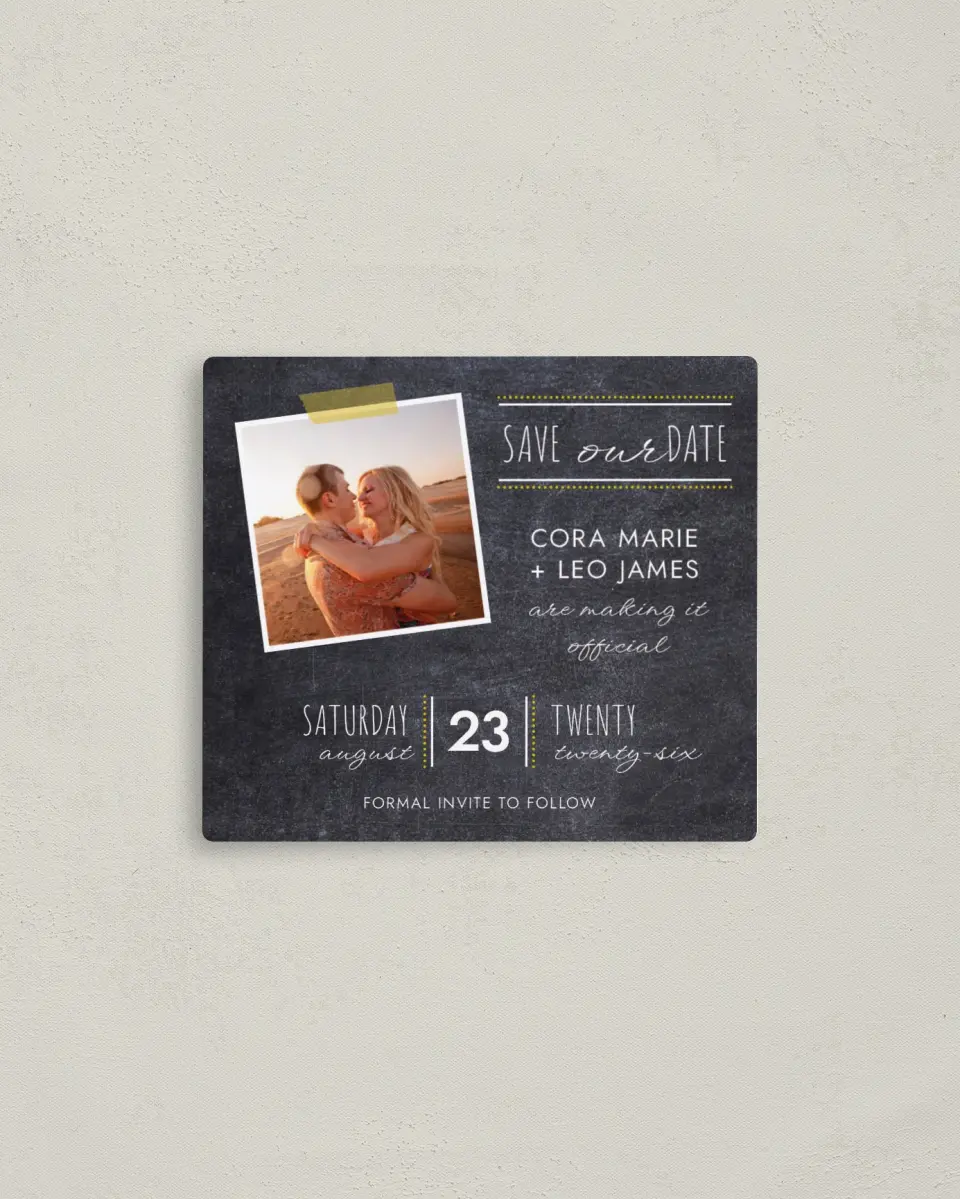 This is a 3½" x 4" Save the Date Magnet called Modern Chalkboard printed in full color with a Luxe Satin finish