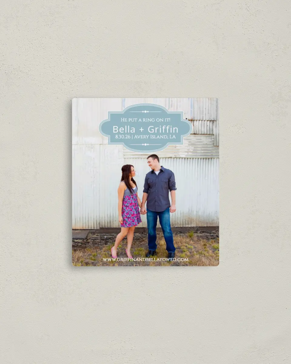 This is a 3½" x 4" Save the Date Magnet called Storybook Ending printed in full color with a Luxe Satin finish