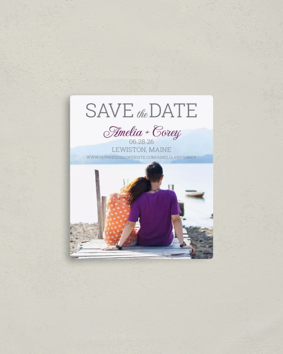 This is a 3½" x 4" Save the Date Magnet called Simply Smitten printed in full color with a Luxe Satin finish