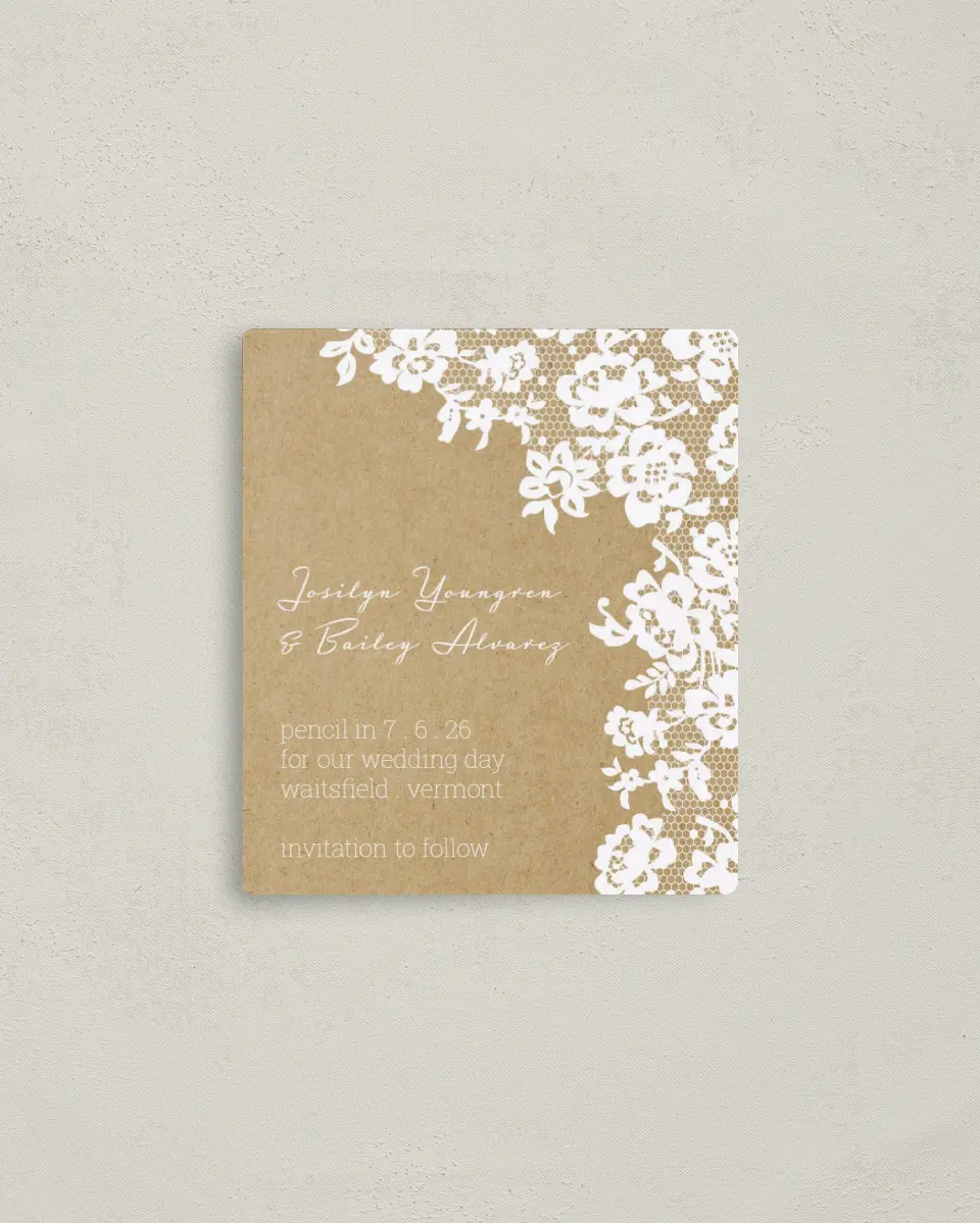 This is a 3½" x 4" Save the Date Magnet called Floral Lace printed in full color with a Luxe Satin finish