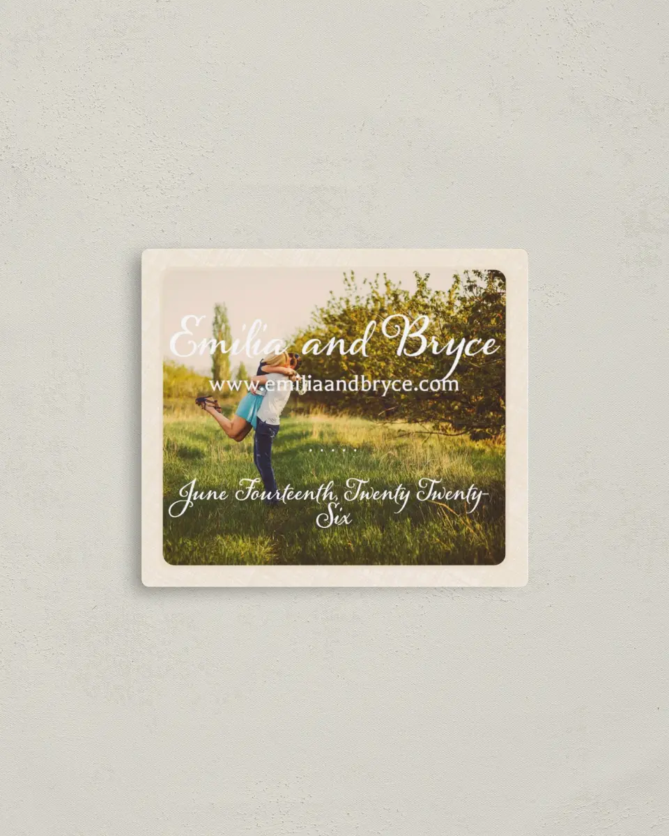This is a 3½" x 4" Save the Date Magnet called Our Sweet Love printed in full color with a Luxe Satin finish