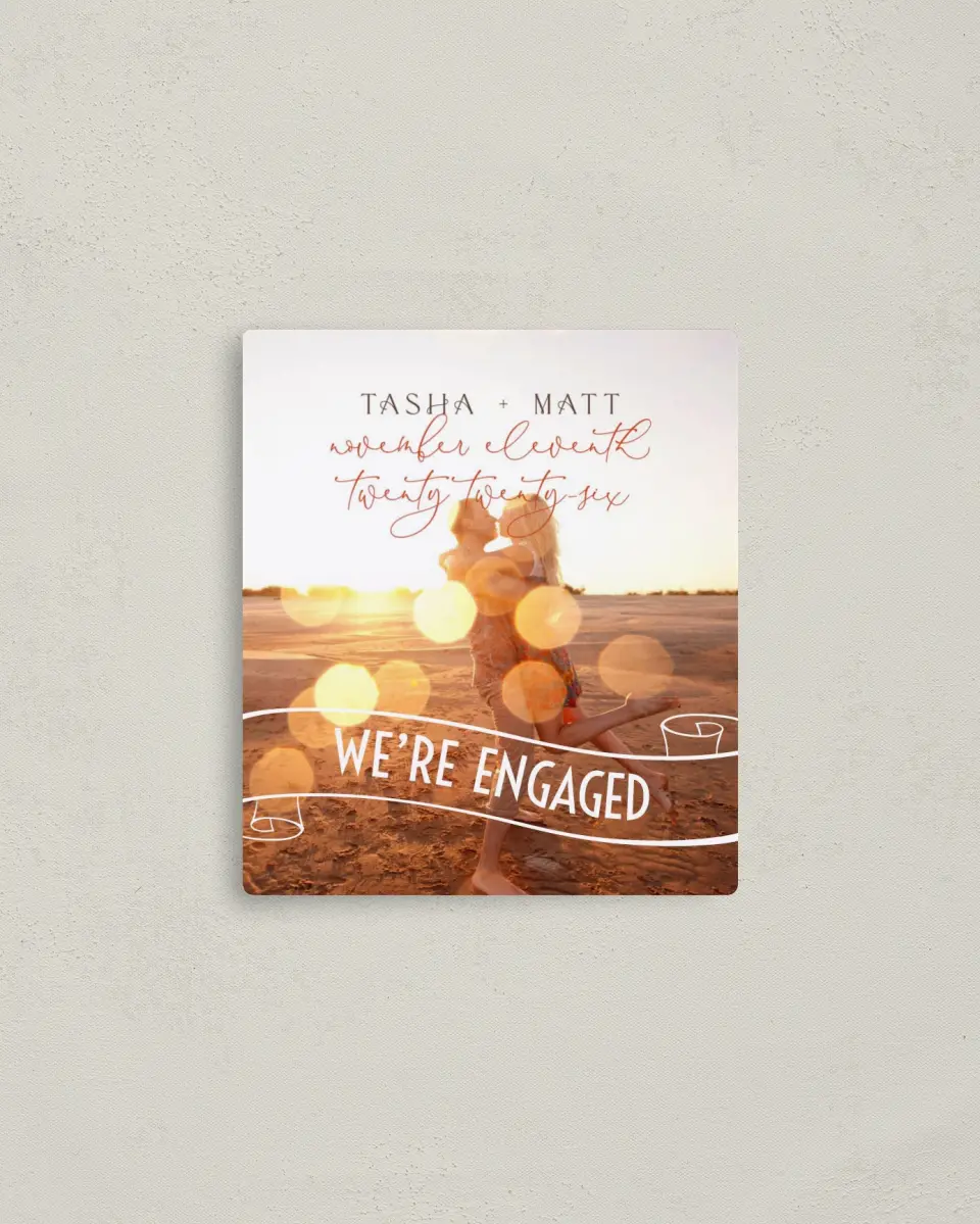 This is a 3½" x 4" Save the Date Magnet called A Charmed Engagement printed in full color with a Luxe Satin finish