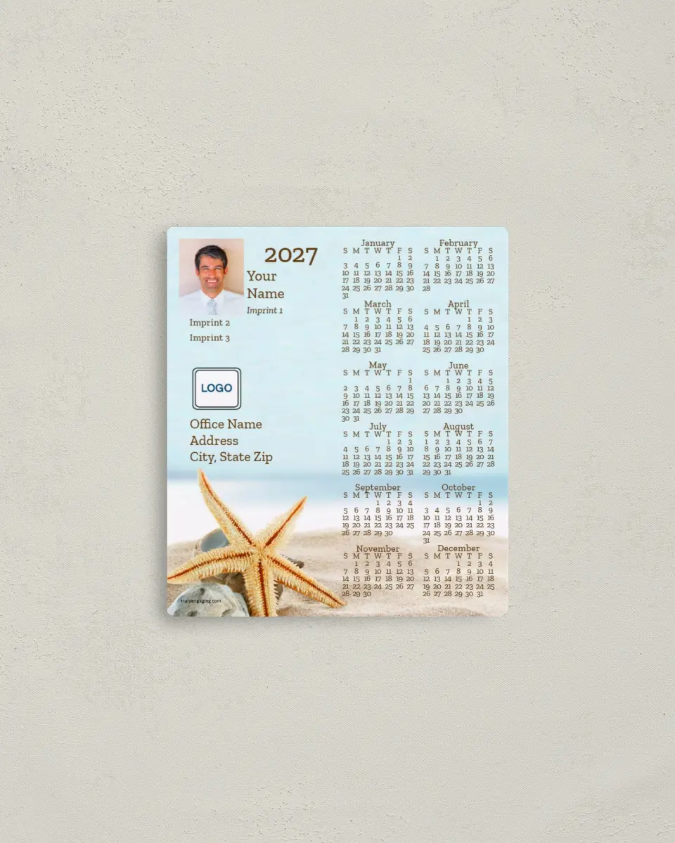 This is a 3½" x 4" Full Magnet Calendar called Seashells and Starfish printed in full color with a Standard Gloss finish