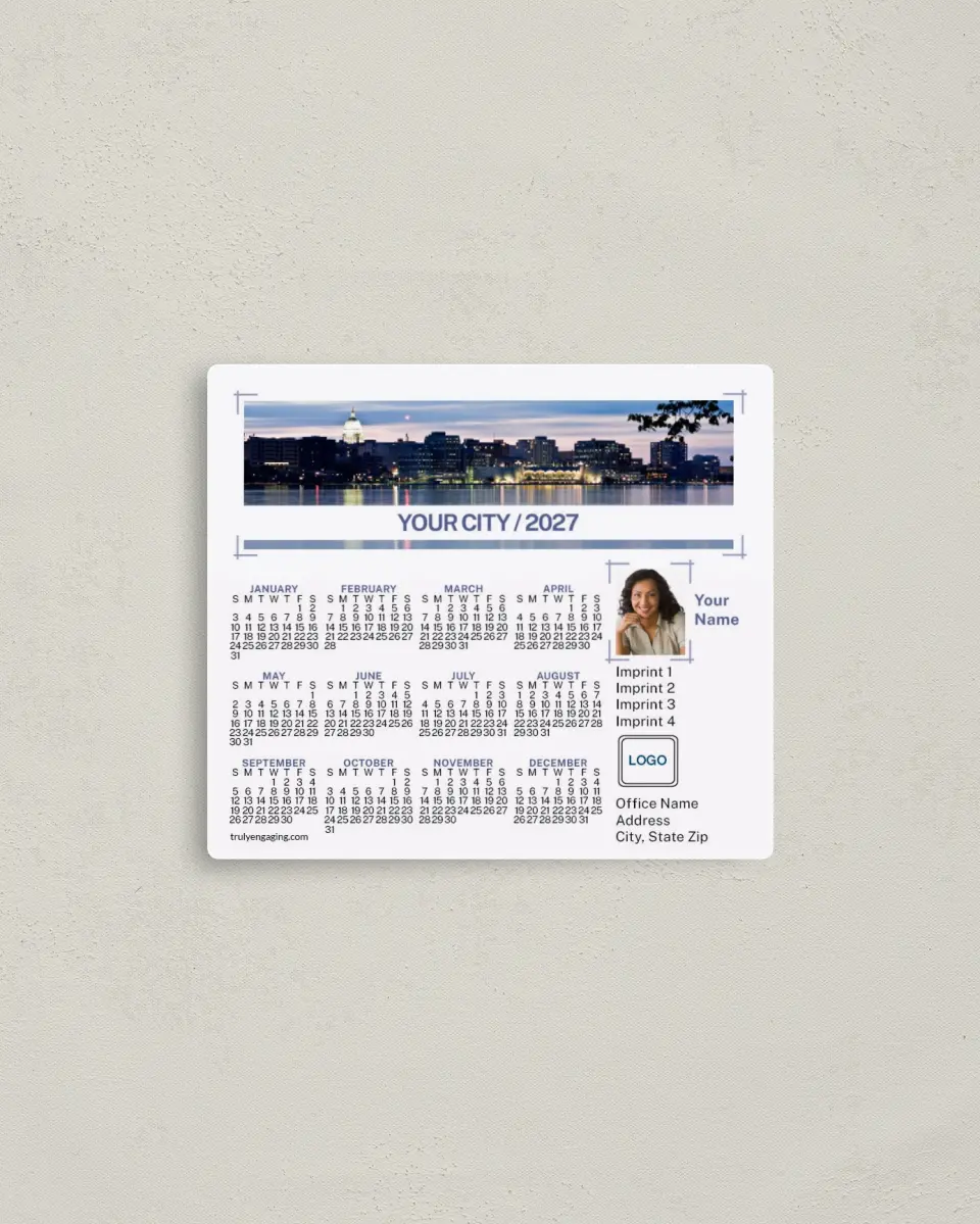 This is a 3½" x 4" Full Magnet Calendar called Contemporary Skyline printed in full color with a Standard Gloss finish