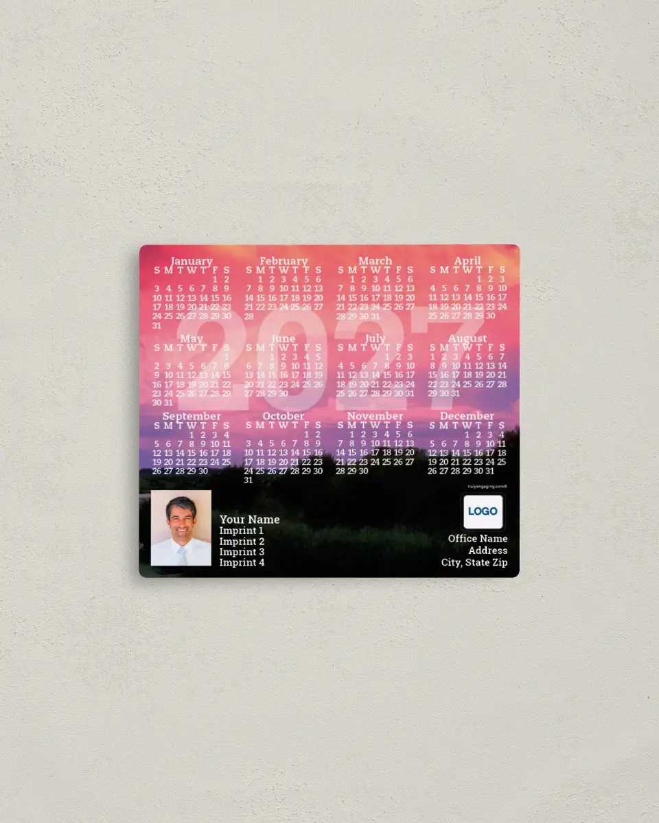 This is a 3½" x 4" Full Magnet Calendar called Sunset Over Water printed in full color with a Standard Gloss finish