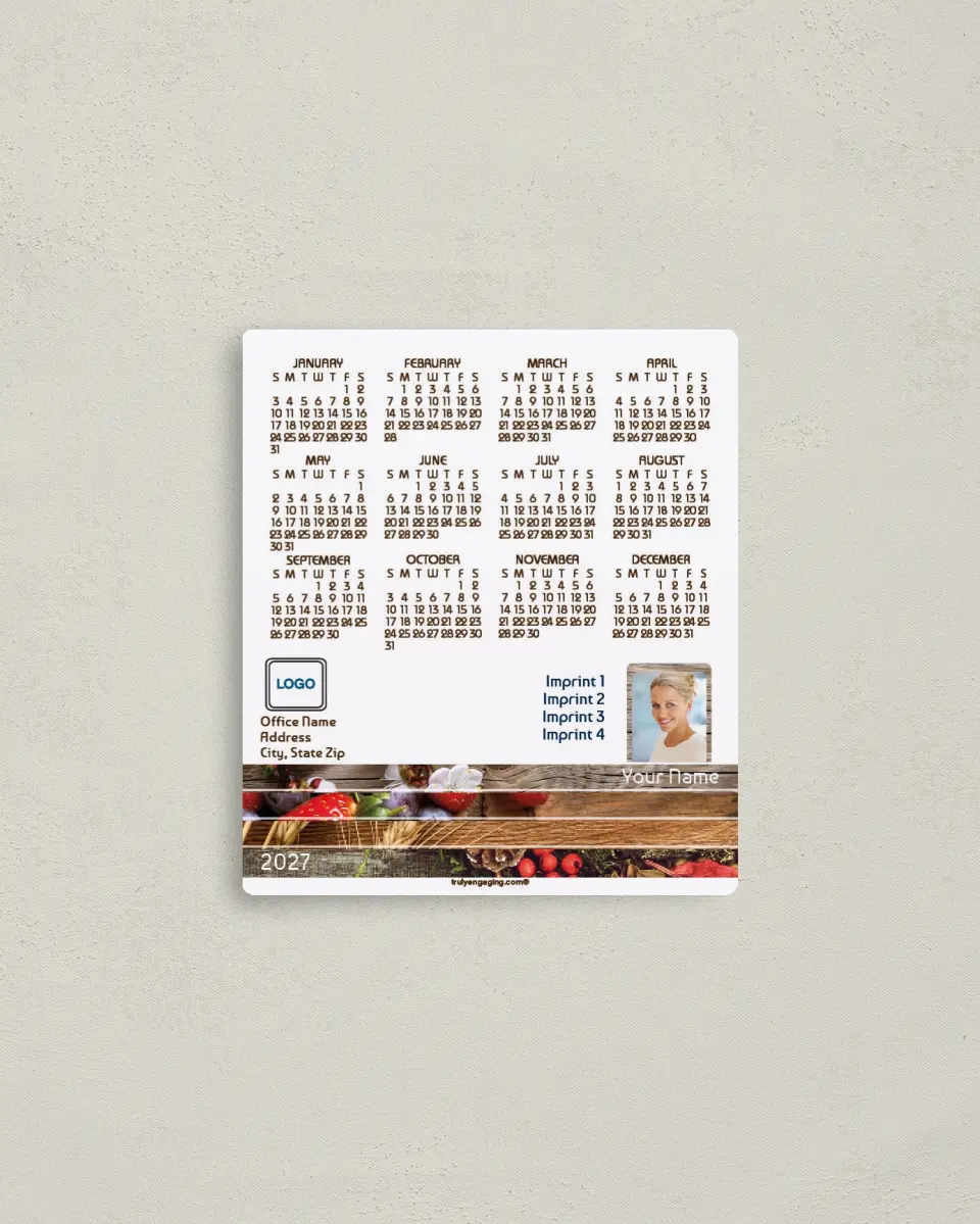 This is a 3½" x 4" Full Magnet Calendar called Rustic Seasons printed in full color with a Standard Gloss finish