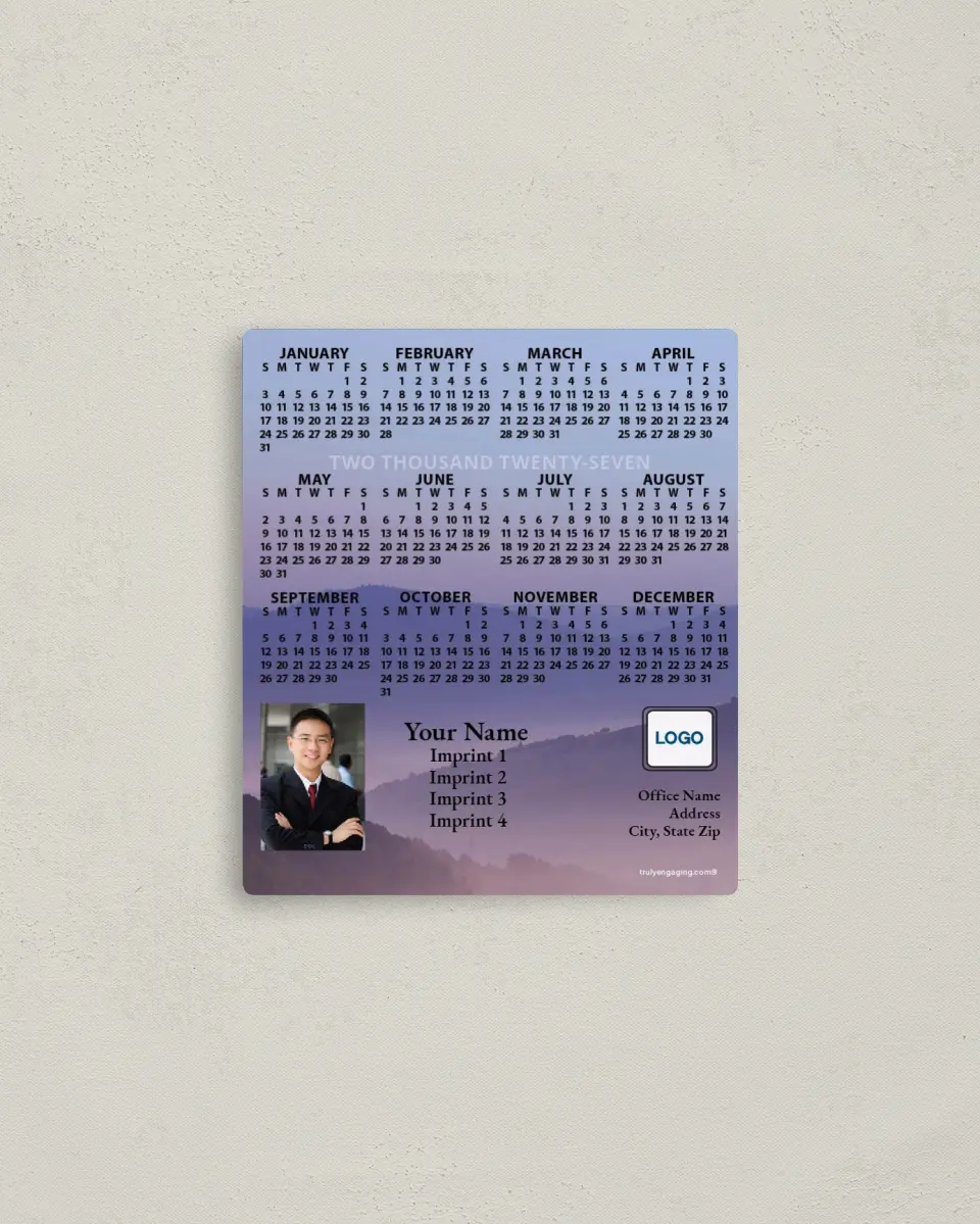 This is a 3½" x 4" Full Magnet Calendar called Mountains at Dawn printed in full color with a Standard Gloss finish