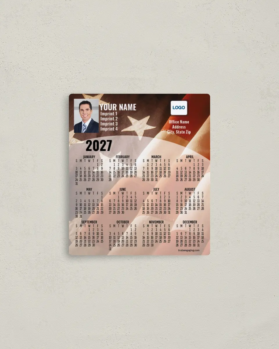 This is a 3½" x 4" Full Magnet Calendar called Old Glory printed in full color with a Standard Gloss finish