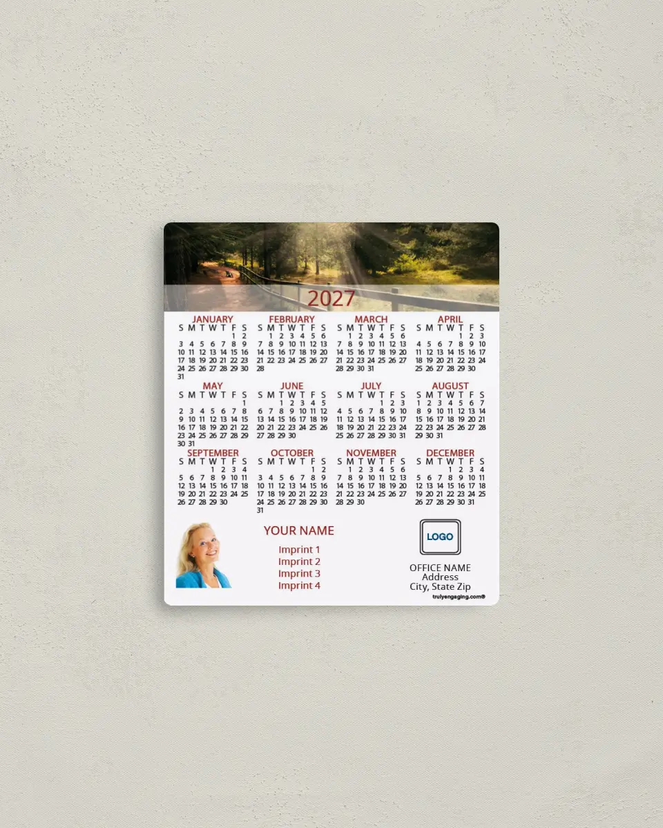 This is a 3½" x 4" Full Magnet Calendar called Sunlit Trail printed in full color with a Standard Gloss finish