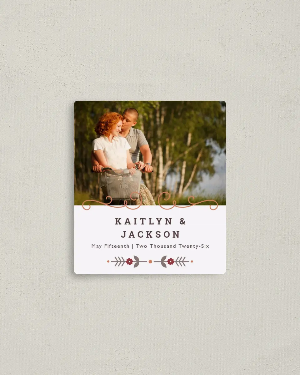 This is a 3½" x 4" Save the Date Magnet called Fall Treasures printed in full color with a Luxe Satin finish