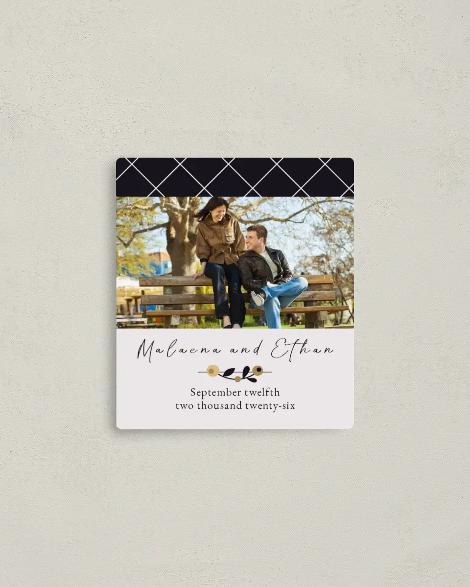 This is a 3½" x 4" Save the Date Magnet called An Autumn Affair printed in full color with a Luxe Satin finish